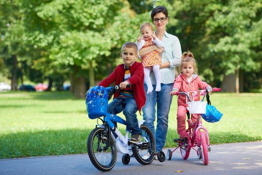 portrait of happy young family,  mother and  kids have fun in park