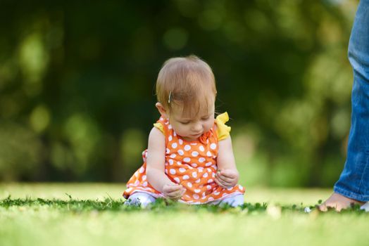 happy young baby child sittng on grass on beautiful summer day in park