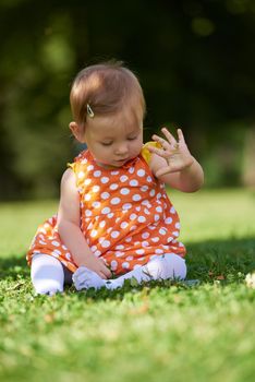 happy young baby child sittng on grass on beautiful summer day in park