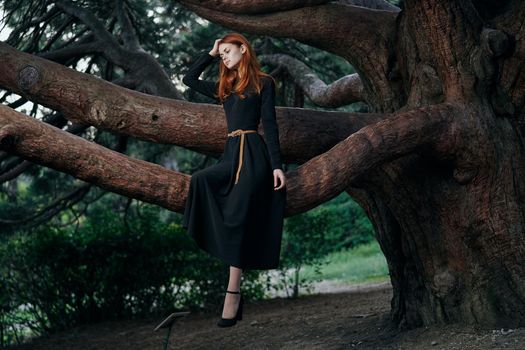 woman in black dress nature walk garden trees fresh air. High quality photo