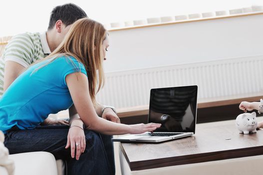 young couple at home with  modern livingroom indoor working on laptop on house finance and planing