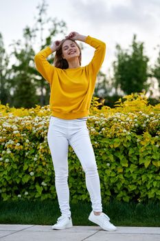 cheerful woman outdoors lifestyle and fresh air. High quality photo