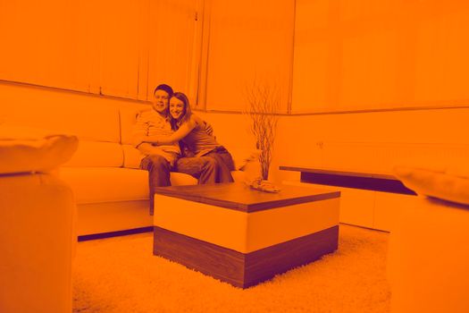 happy young couple relax at home in modern and bright living room duo tone