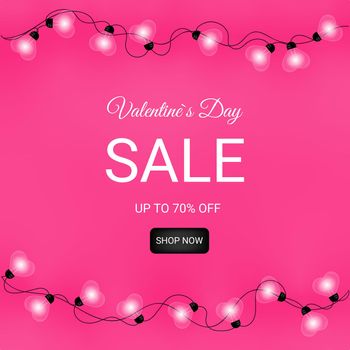 Valentine's Day Discount Festive Banner with Glowing Garlands with Heart Shaped Bulbs About Valentine's Day Sales Drawings in the shape of a heart and pink background color. High quality photo