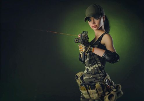 soldier girl poses with an automatic rifle