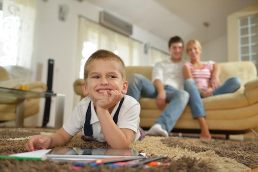 happy young family with kids in bright modern living room have fun and looking big flat lcd tv