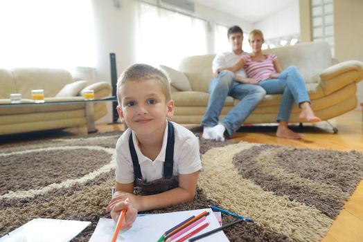 happy young family with kids in bright modern living room have fun and looking big flat lcd tv