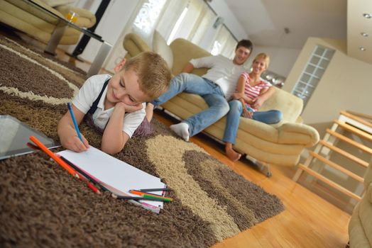 happy young family with kids in bright modern living room have fun and looking big flat lcd tv