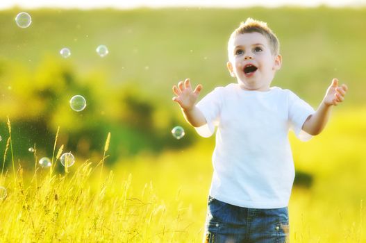 happy young beautiful child have fun on eadow with soap bubbles toy