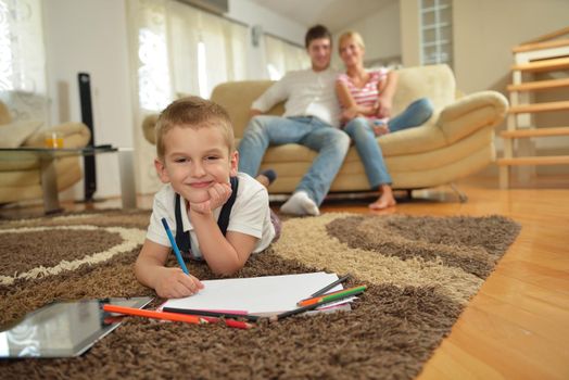 happy young family with kids in bright modern living room have fun and looking big flat lcd tv