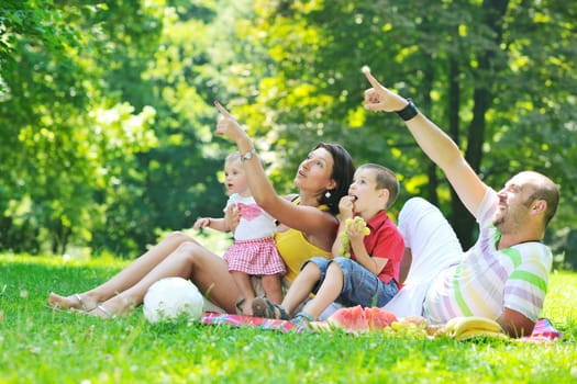 happy young couple with their children have fun at beautiful park outdoor in nature