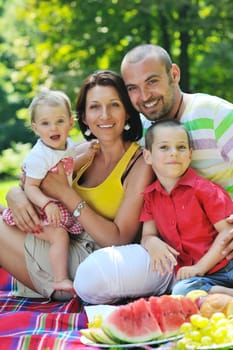 happy young couple with their children have fun at beautiful park outdoor in nature