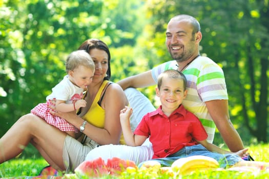 happy young couple with their children have fun at beautiful park outdoor in nature