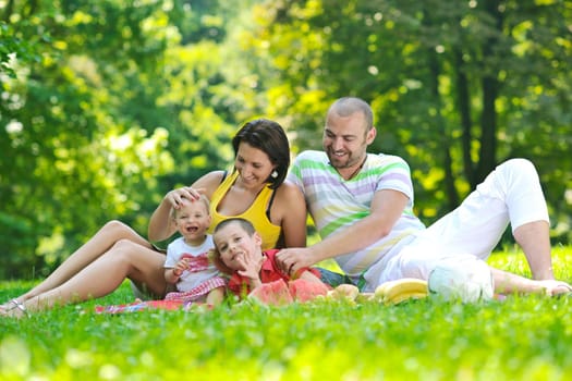 happy young couple with their children have fun at beautiful park outdoor in nature