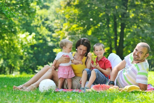 happy young couple with their children have fun at beautiful park outdoor in nature