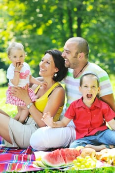 happy young couple with their children have fun at beautiful park outdoor in nature