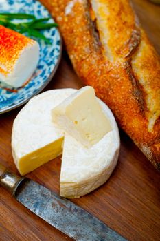 French cheese and fresh  baguette on a wood cutter