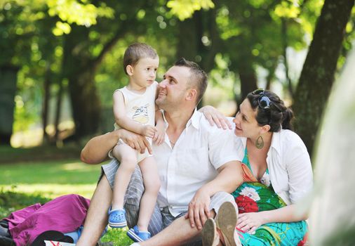 Happy young Family at park relaxing and have fun with pregnant woman