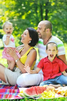 happy young couple with their children have fun at beautiful park outdoor in nature