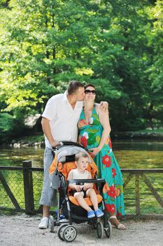 Happy young Family at park relaxing and have fun with pregnant woman