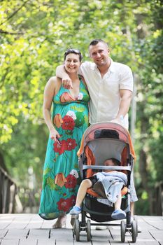 Happy young Family at park relaxing and have fun with pregnant woman