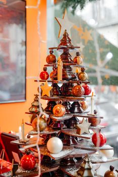 Chocolate tree in a showcase pastry shop