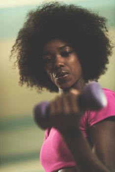 happy healthy african american woman working out in a crossfit gym on weight loss with dumbbells