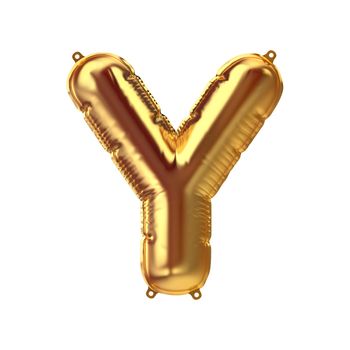 3D Render of Golden inflatable foil balloon letter Y. Party decoration element. Yellow character isolated on white background. New year celebration postcard part. Graphic element sign for web design