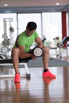 young handsome man working out with dumbbells in a fitness gym