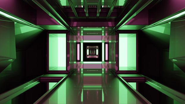 Abstract 3D illustration of 4K UHD modern tunnel with doorway and glass walls with green illumination and creative futuristic design