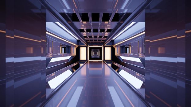 3d sci fi illustration of long corridor with reflecting glass wall and glowing lights in 4K UHD quality