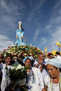 salvador, bahia, brazil - february 2, 2017: Candomble members and admirers of the Orixa Yemanja during a religious ritual in the city of Salvador.
