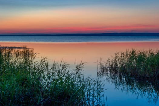 Beautiful pink sunset on the lake. Water sky coast horizon reeds.