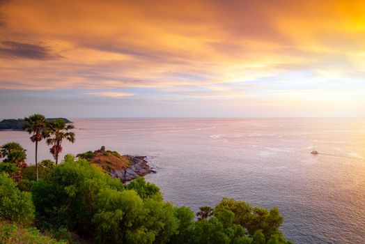 Sunset scene at Phromthep Cape the best nature sunset viewpoint in Phuket,Thailand