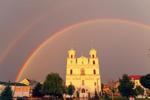 GRODNO, BELARUS - AUG 15: St. Francis Xavier Cathedral after rain in sunset light on 15 August, 2016 in Grodno, Belarus.