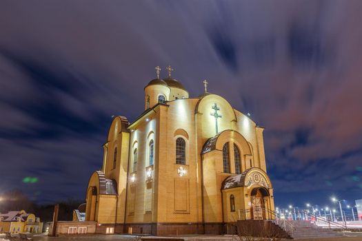 Church in honor of the Cathedral Of all Belarusian Saints in Grodno, Belarus. Illuminated at night.