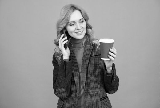 Connecting with someone. Woman talk on phone drinking coffee. happy businesswoman has conversation. Making call. Modern lifestyle. Mobile communication. good and productive morning.