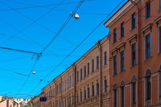 Electrical wires and cables over urban downtown for multi purpose in Saint Petersburg,Russia