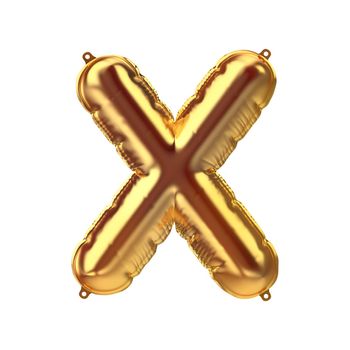 3D Render of Golden inflatable foil balloon letter X. Party decoration element. Yellow character isolated on white background. New year celebration postcard part. Graphic element sign for web design