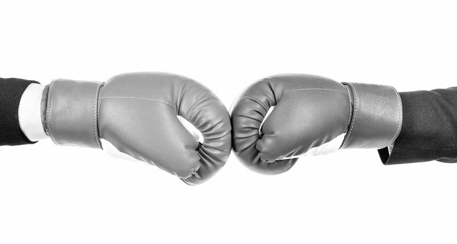 Challenge to fight. Red boxing glove against blue glove. Business competition. Duel fight. Competitive strength. Fighting conflict. Strong opposition.
