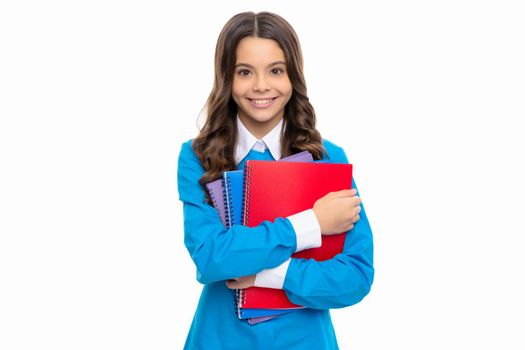 happy schoolkid with copybook. teen girl with notebook. back to school. child ready to study. childhood development. kid with homework. teenager student isolated on white. high school education.