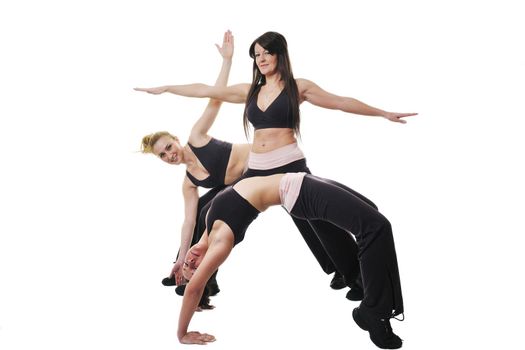 group of young woman isolaed on white exercising fitness