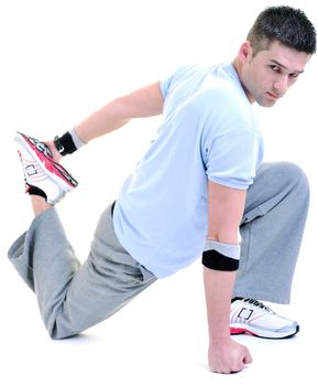 young man exercise fitness sport and strech isolated on white in studio