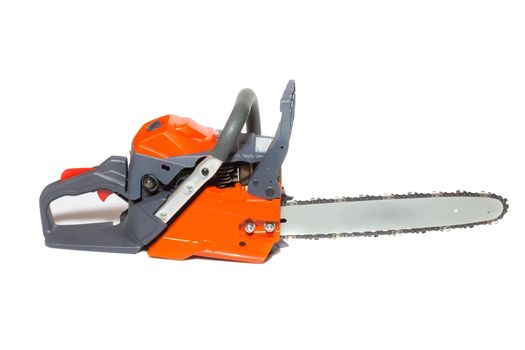 red new chainsaw on a white background