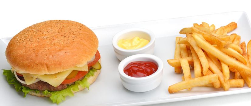 still life with fast food hamburger menu, french fries, soft drink and ketchup