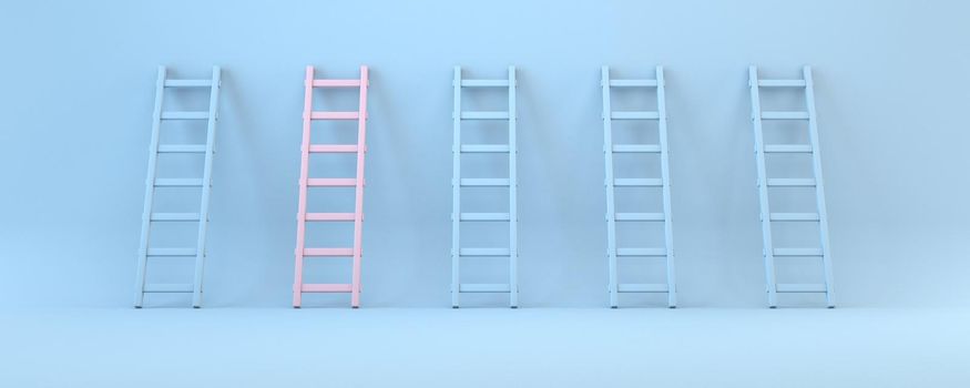 One pink ladder and four blue 3D rendering illustration isolated on blue background