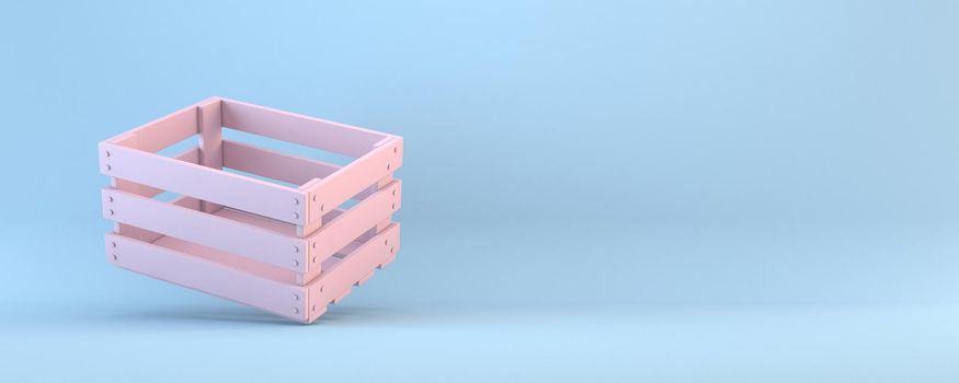 Empty wooden crate 3D rendering illustration isolated on blue background