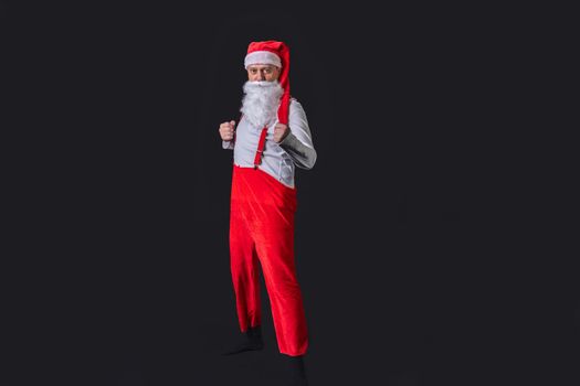 Santa claus yellow box funny stylish, fat holiday background year senior, December bearded cheerful, celebrate