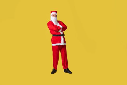Santa claus yellow funky style, eat fast background year senior, december trendy red mature, smile arms crossed rests