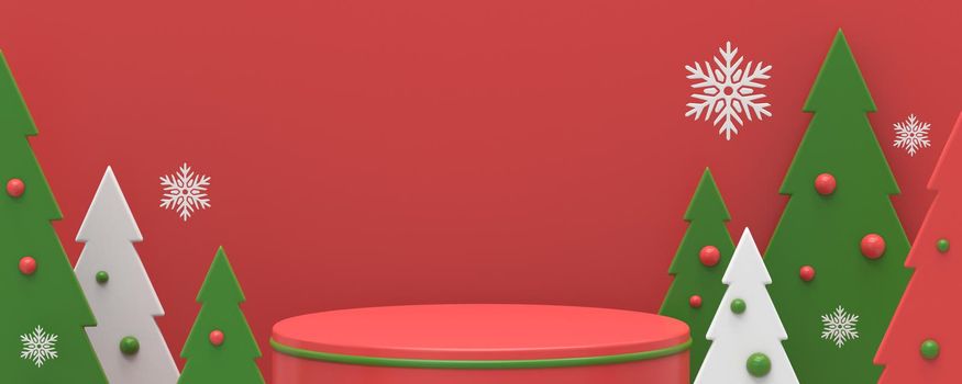 Product podium Christmas and New Year poster 3D rendering illustration isolated on red background
